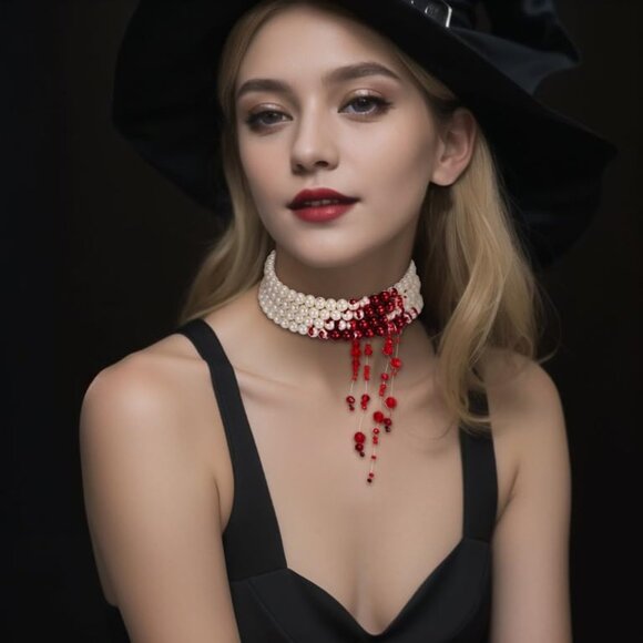 Elegant 4-Layer Blood Pearl Choker for Women - Spooky Halloween Jewelry Gift - Picture 2 of 8